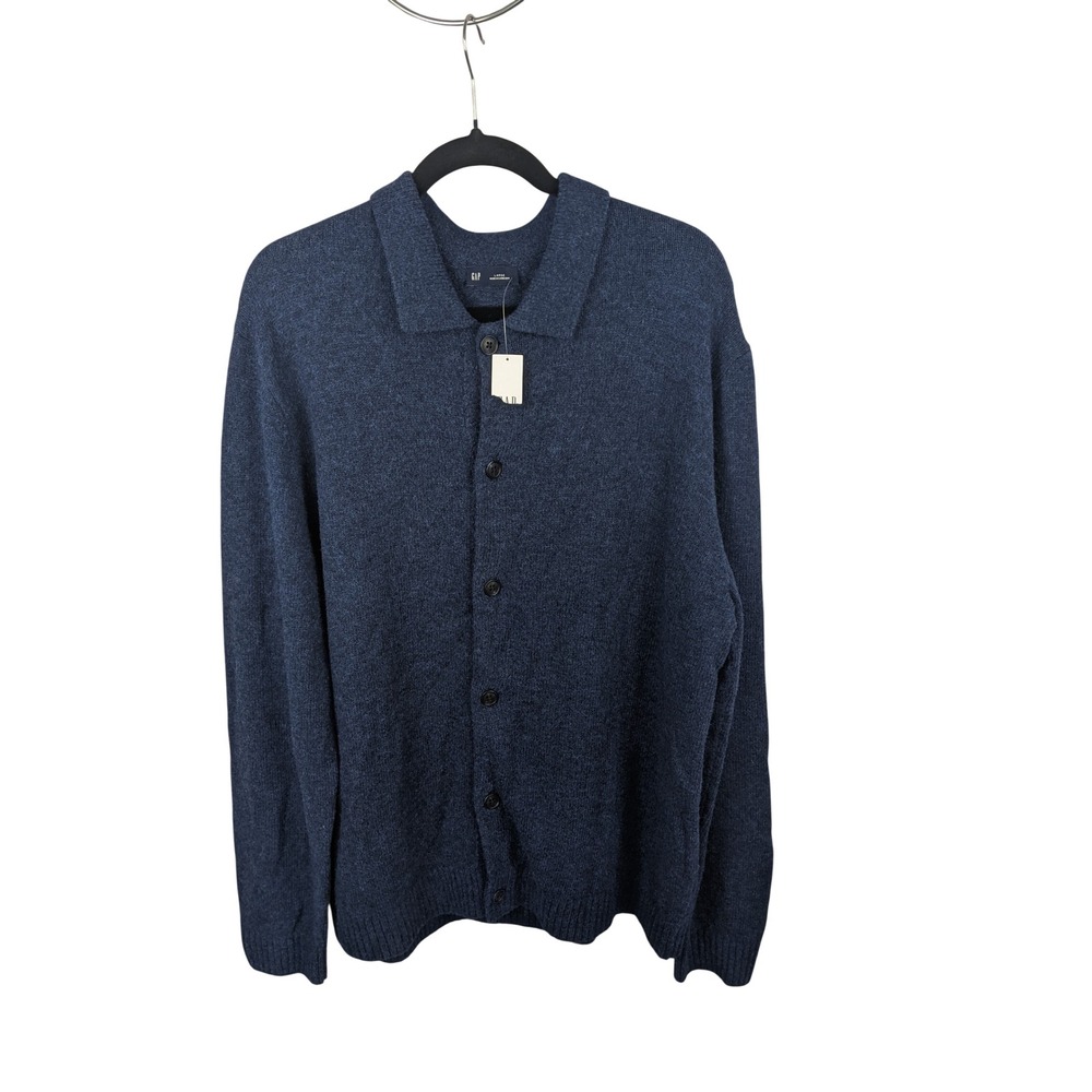 Gap Mens Merino Wool Blend Button Cardigan Sweater Polo Collar Blue Large 807111